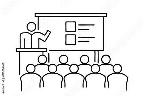  lecture, featuring a speaker and listeners in a dynamic educational setting line art flat vector illustration