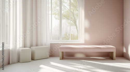 serene children room features pink bench and soft natural light streaming through large windows, creating peaceful atmosphere