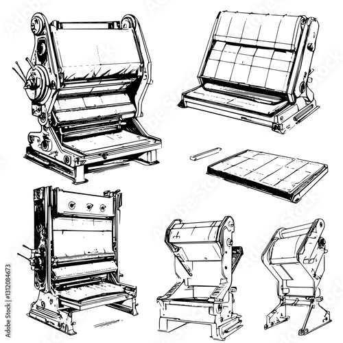Detailed technical illustrations of various printing presses from different angles and designs in a vintage style