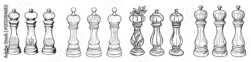 Intricate hand-drawn chess pieces lined up in a classic arrangement on a white background