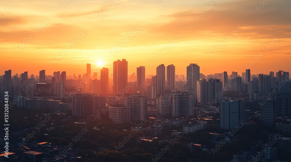 Fototapeta premium Golden Sunset Paints A Breathtaking Panorama Across A Sprawling Metropolis, A Vibrant Tapestry Of Countless Buildings Silhouetted Against The Fiery Sky