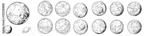 Various celestial bodies illustrating moons and planets as seen in a scientific concept art display