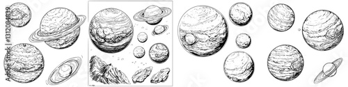 Detailed illustrations of planets and celestial bodies showcasing unique features and characteristics in a cosmic setting