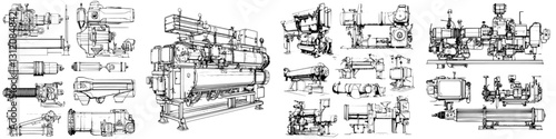 Detailed technical sketches of various industrial machinery components arranged in a comprehensive layout