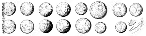 Detailed illustrations of celestial bodies showcasing diverse textures and sizes in a scientific study of planetary surfaces