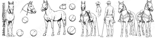 Detailed line art depicting horseback riding, polo equipment, and equestrian preparation in a training setting