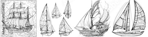 Detailed illustrations of various sailing ships showcasing diverse designs and styles during the age of exploration