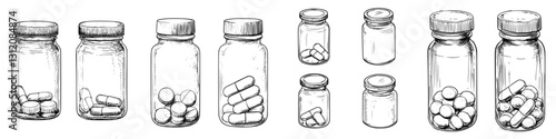 Various glass jars containing different types of capsules and tablets in a detailed black and white sketch style
