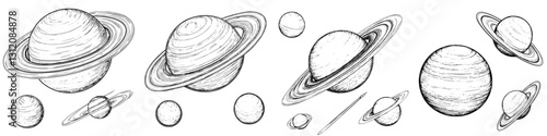 Cosmic artwork depicting various planets in our solar system including Saturn and Jupiter with detailed rings and textures