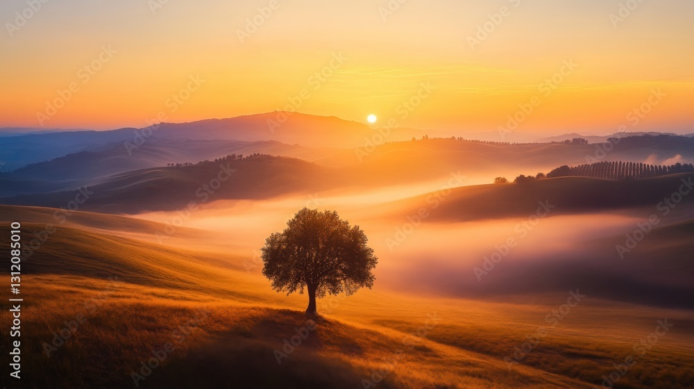 Sunrise over rolling hills, lone tree Sunrise over rolling hills, lone tree
