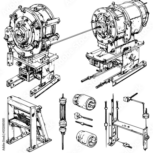 Mechanical components of a centrifugal pump with detailed technical illustrations and assembly parts in workshop setting