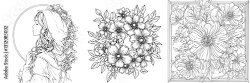Wallpaper Mural Detailed floral illustrations showcasing a woman surrounded by blossoms in an artistic design setting Torontodigital.ca