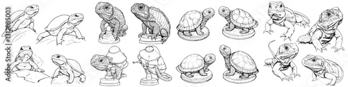 Various illustrations of lizards, turtles, and amphibians in different poses and styles showcasing unique characteristics and details