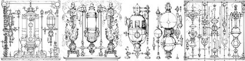 Detailed illustration of vintage scientific apparatus spanning various functions and designs from the 19th century