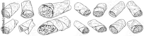 Hand-drawn sketch of various burritos and wraps arranged on a white background showcasing different styles and fillings