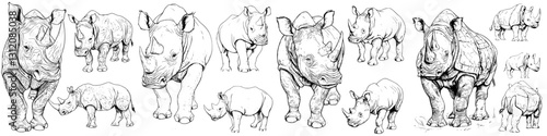 Detailed sketches showcasing various poses of rhinoceroses in a natural habitat setting during daylight hours