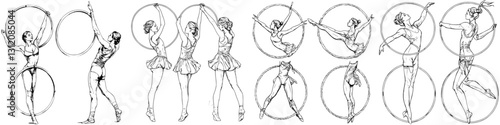 Graceful dancers perform rhythmic movements with hula hoops in an artistic display set against a minimalist background