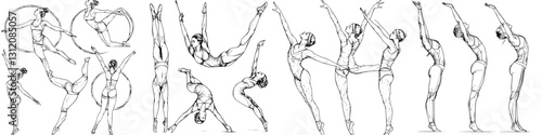 Dynamic display of rhythmic gymnastics routines showcasing agility and artistry in a competition setting