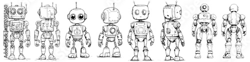 Exploring a variety of robot designs showcasing different styles, features, and functionalities in a detailed illustration