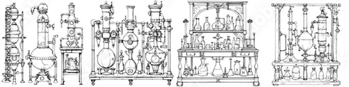Collection of vintage laboratory equipment arranged on shelves showcasing historical scientific tools and apparatus