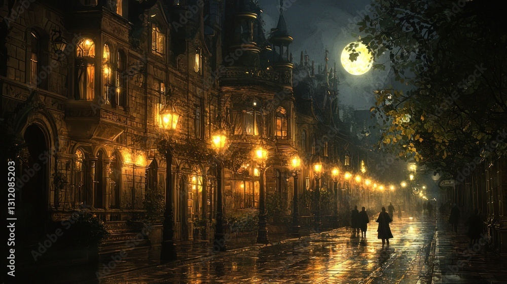 Naklejka premium Night scene of a moonlit, rain-slicked street with old-fashioned buildings and gas lamps.
