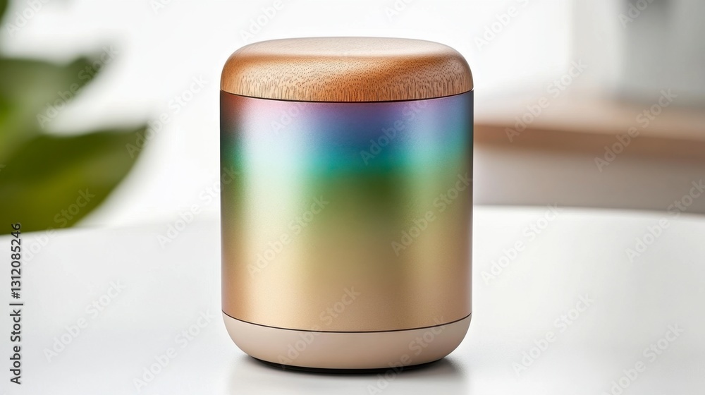 Metallic iridescent container with wooden lid on white background. Gradient colors from gold to blue and green. Metallic iridescent container with wooden lid on white background. Gradient colors from gold to blue and green.