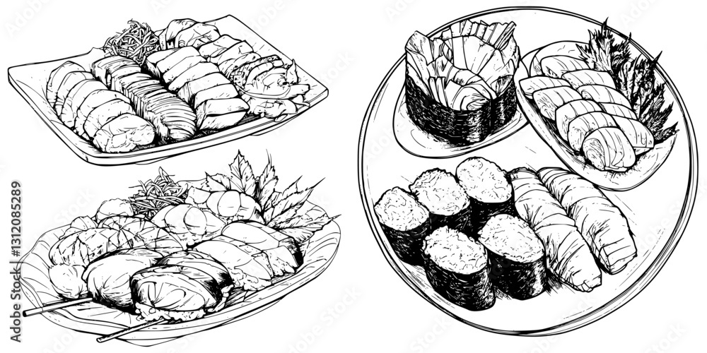 Delicious sushi platter featuring a variety of rolls and sashimi served with fresh wasabi and garnishes at a Japanese restaurant Delicious sushi platter featuring a variety of rolls and sashimi served with fresh wasabi and garnishes at a Japanese restaurant
