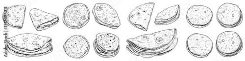 Various types of flatbreads and pancakes displayed artfully on a white background