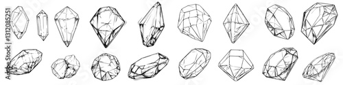 Unique hand-drawn crystal designs showcasing various shapes and styles for art and decoration