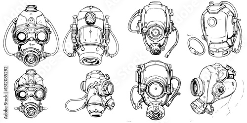 Various designs of gas masks and breathing apparatuses displayed on a flat surface for artistic reference and study
