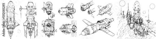 Detailed sketches of futuristic spacecraft designs in various configurations and elevations, showcasing innovative engineering concepts