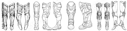 Detailed illustrations of diverse armor designs and styles for leg protection showcasing creativity and craftsmanship