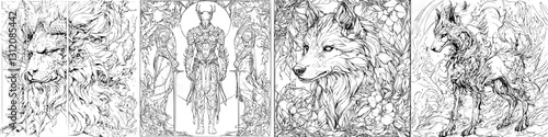 Intricate black and white illustrations of wolves and a humanoid figure amidst nature