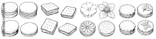 Delicate designs of various cookies and flowers illustrated in black and white showcasing a range of shapes and patterns