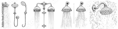 Various showerhead designs showcasing different styles and water flow patterns in an artistic arrangement