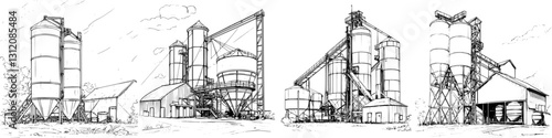 Detailed industrial sketch showcasing three large storage silos at a grain facility during daytime