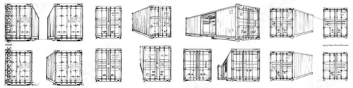 Detailed sketches of shipping containers showcasing various angles and perspectives