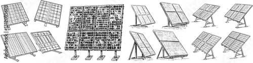 Various types of solar panels displayed in different orientations and positions in a grid setup for renewable energy