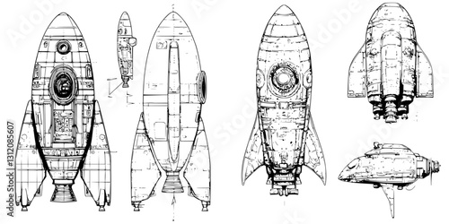 Detailed technical drawings of a futuristic spacecraft showcasing various angles and designs in a technical style
