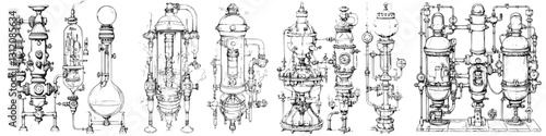 Complex laboratory apparatus showcasing various scientific equipment from a historical perspective in detailed sketches