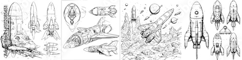 Artwork featuring various futuristic rocket designs and space scenes in black and white sketches showcasing interstellar travel and exploration