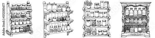 Shelves filled with jars of various ingredients in a rustic kitchen setting during a bright afternoon