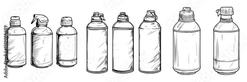Various types of spray bottles lined up on a white background showcasing different shapes and sizes for diverse applications