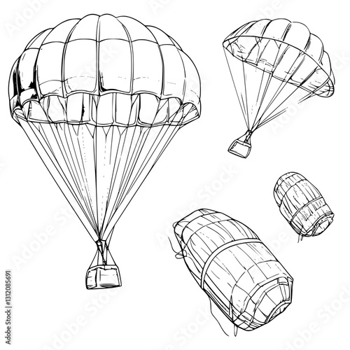 Detailed sketches of various parachutes and cargo containers used for air dropping during military operations