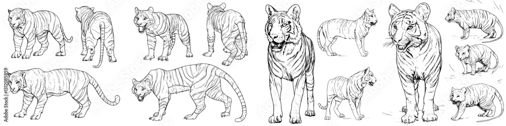 Obraz premium Various sketches of tigers in different poses showcasing their anatomy and features