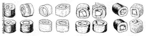 Different types of sushi rolls illustrated on a white background showcasing various ingredients and textures