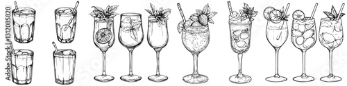 Variety of illustrated cocktail drinks featuring garnishes in different glass styles in a creative composition