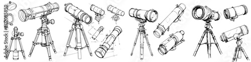 Collection of telescope illustrations showcasing various designs and styles for amateur astronomers and enthusiasts