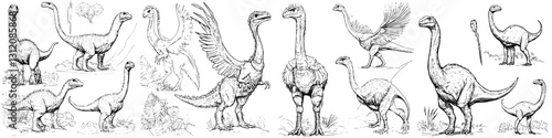 Detailed illustrations of various dinosaur species showcasing their diverse forms and characteristics in a paleontological context