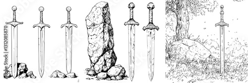Historic swords displayed alongside ancient stone in a natural setting during daylight hours